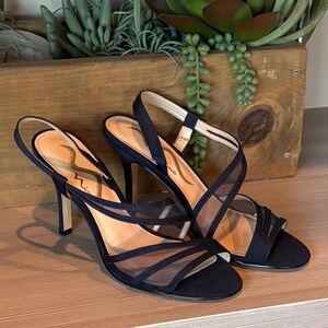 Nina Vitalia High Heel Navy Satin Mesh Faux Leather Slingback Sandal